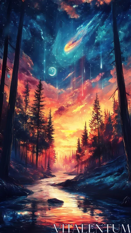 Celestial firestorm above luminous forest river at dusk.