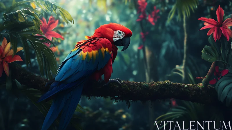 Scarlet macaw rests on mossy branch in lush jungle twilight.