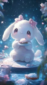 Soft-lit chibi rabbit character holds pastry on reflective plate