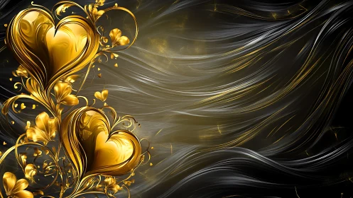 Golden Ornamental Hearts with Baroque Flourishes on Dynamic Fluid Backdrop