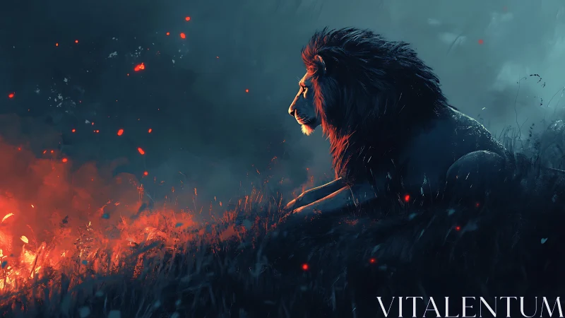Lone lion watching wildfire embers in dark landscape.
