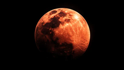 Red illuminated moon with detailed craters in space.