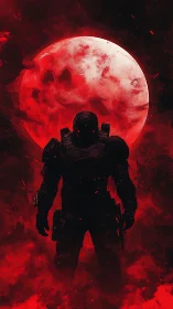 Digital painting of armored soldier before crimson moonfield.