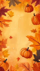 Vertical autumn frame with stylized pumpkins and falling foliage