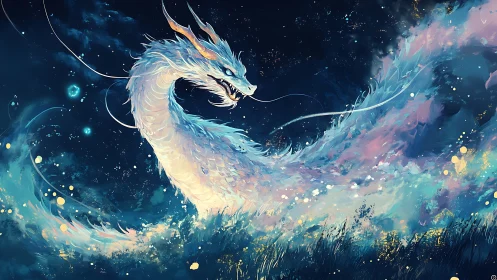 Celestial water dragon coils through a luminous night sky