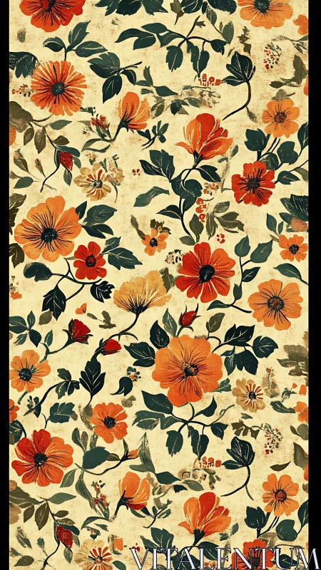 Vintage floral pattern renders orange blooms on aged canvas