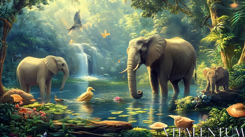 Elephants share luminous jungle pool under cascading waterfall