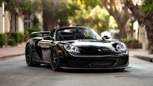 Black Porsche convertible sports car on sunlit city street.