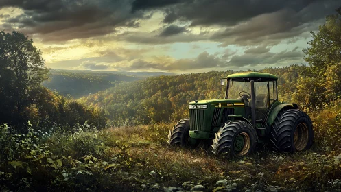Sunlit green tractor rests quietly above rolling forest hills