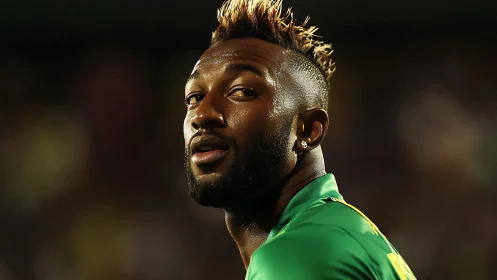 Soccer player under stadium lights with golden highlights.