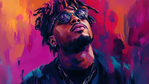 Neon-lit portrait of cool man in reflective sunglasses.