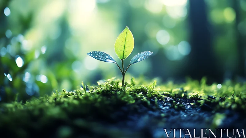 Fresh green sprout emerging in soft morning light, realistic style.