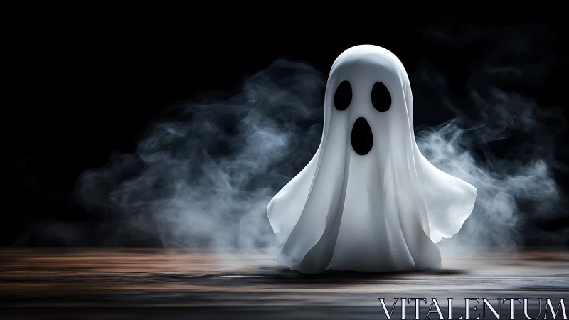 Cartoon ghost figure on wooden floor with cinematic fog.