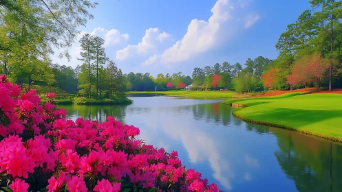 Flaming azalea chorus framing a mirror-still spring lake.