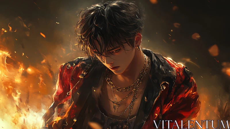 Digital painting of brooding fire-wreathed antihero figure.