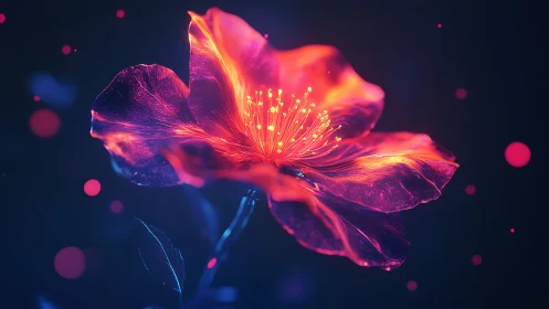 Luminous digital flower with neon petals in dark space.
