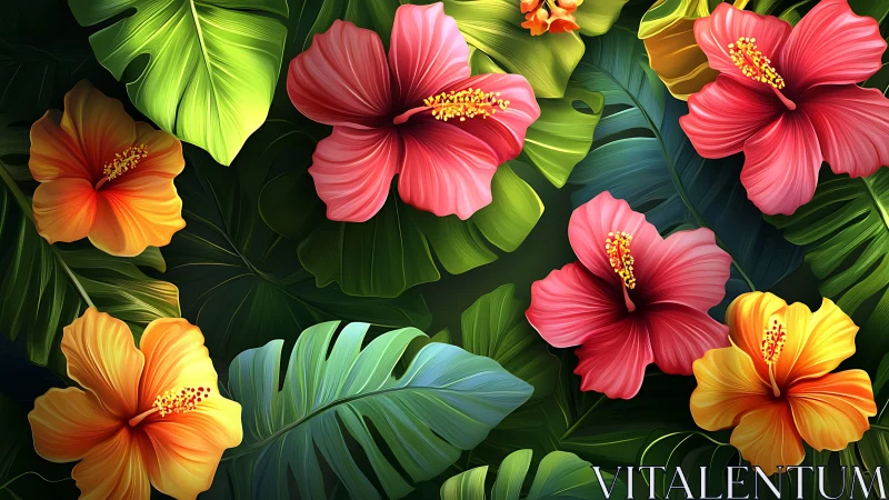 Tropical hibiscus flowers bloom among lush green monstera leaves.
