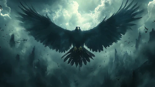 Colossal dark raven ascending over storm‑torn spire cliffs