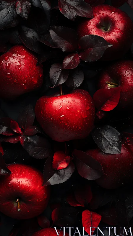 Crimson orchard dreaming in ink-dark leaves and cool dew.