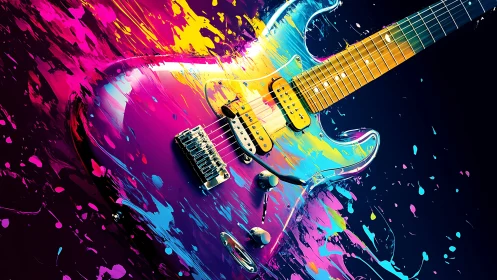 Electric rainbow guitar drenched in wild paint splashes.