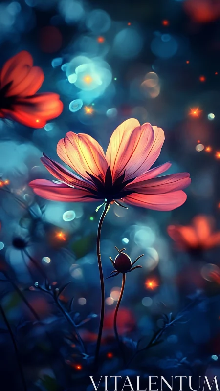 Luminescent cosmos blossom under bioluminescent bokeh field.