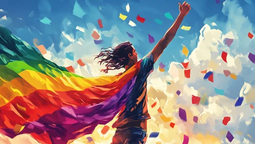 Skyward pride hero draped in rainbow rebellion and joy.