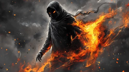 Flaming hooded wraith strides through swirling stormfire.