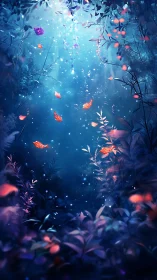 Midnight glade of glowing koi and drifting ember petals.