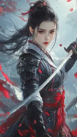 Swordmistress in crimson storm with icy focused gaze.