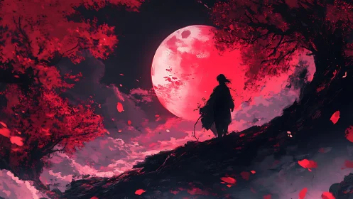 Silhouetted figure on ridge before large red moon.