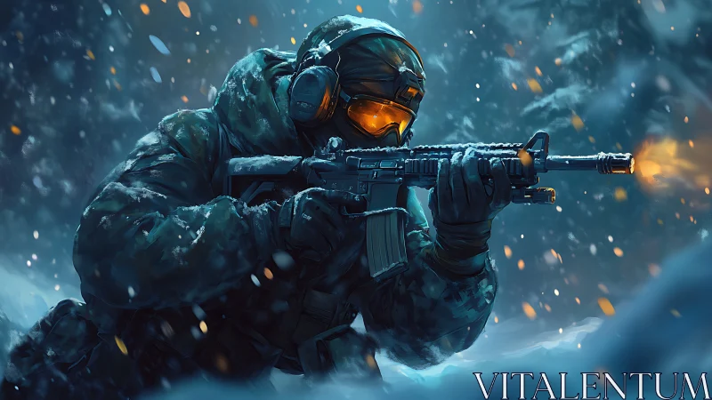 Stealth soldier firing rifle in stormy blue night snowfield.