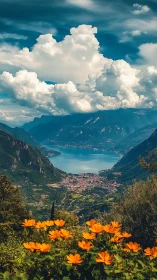 Sunlit alpine lake valley framed by vivid orange blooms.
