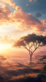 Soft sunrise glows over a peaceful savannah tree and hills