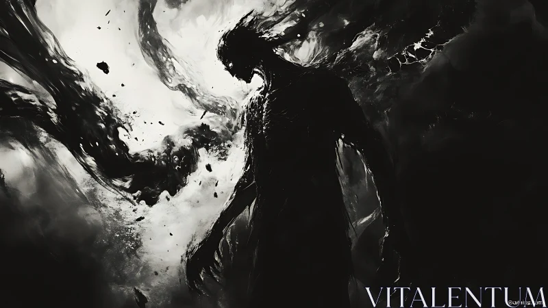 Shadowborn figure dissolves into swirling monochrome storm