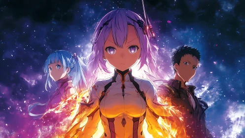 Triadic anime protagonists in cosmic-lit ignition stance.