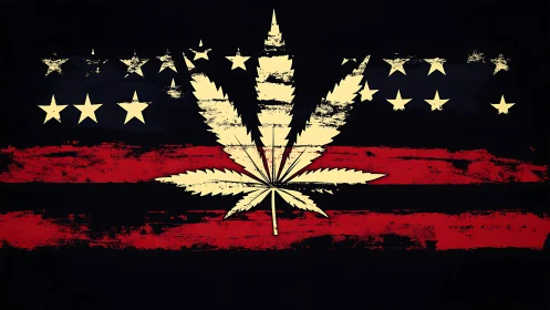 Distressed US flag graphic with central cannabis leaf emblem overlay
