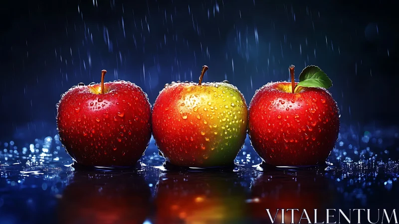 Triple wet apples under directional rain with specular highlights