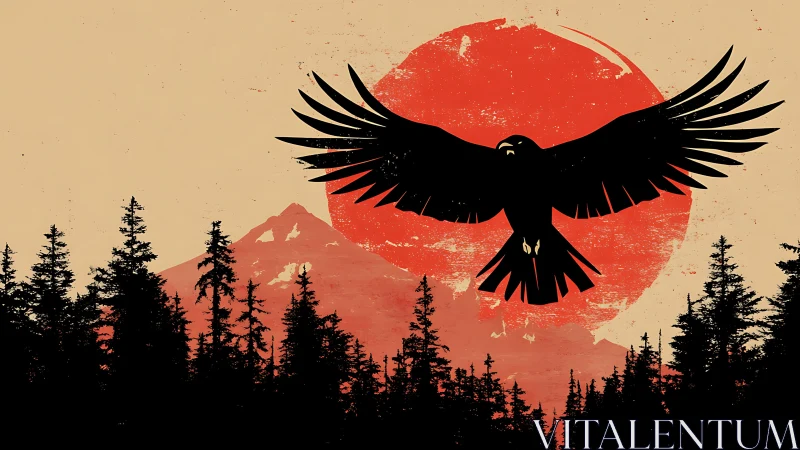 Majestic Crow Silhouette Over Forest at Sunset in Grunge Style.