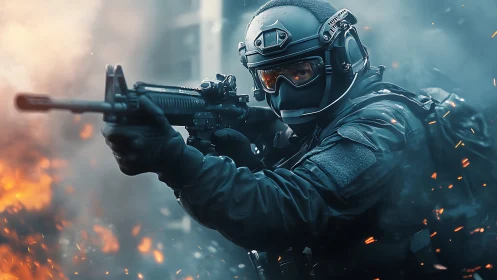 Helmeted tactical soldier aims rifle amid urban flames
