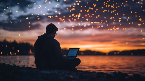 Lakefront coder under heartlit twilight skies writing quietly.