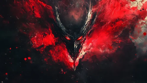 Demonic raven visage emerging from crimson smoke field.