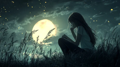 Silhouette of seated girl in moonlit field at night period