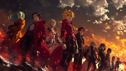 Heroic anime ensemble stands against embers under fiery sky