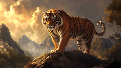 Sunset summit tiger poised above storm-touched mountains.
