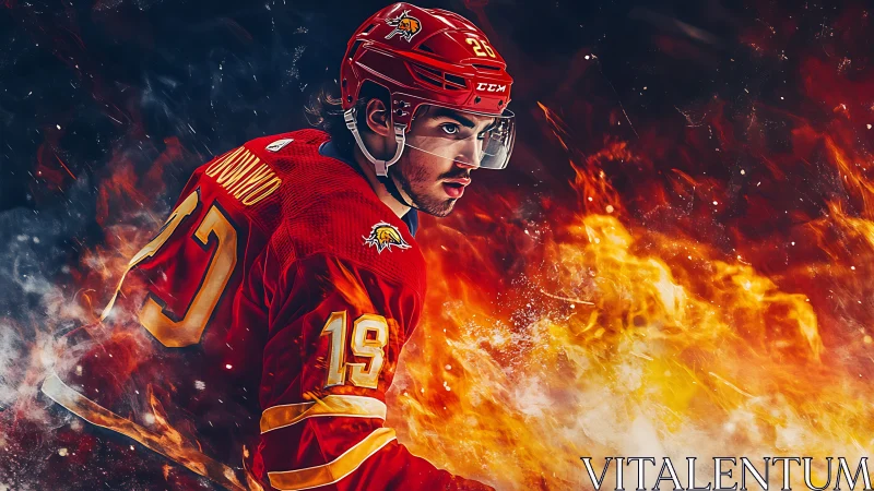 Dynamic hockey portrait integrates fiery particle effects and motion blur