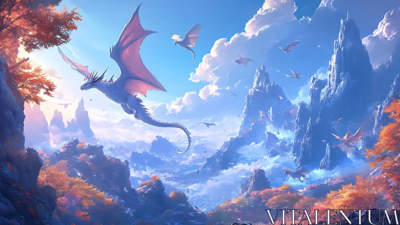 Skyward crimson dragon over luminous autumn mountainscape.