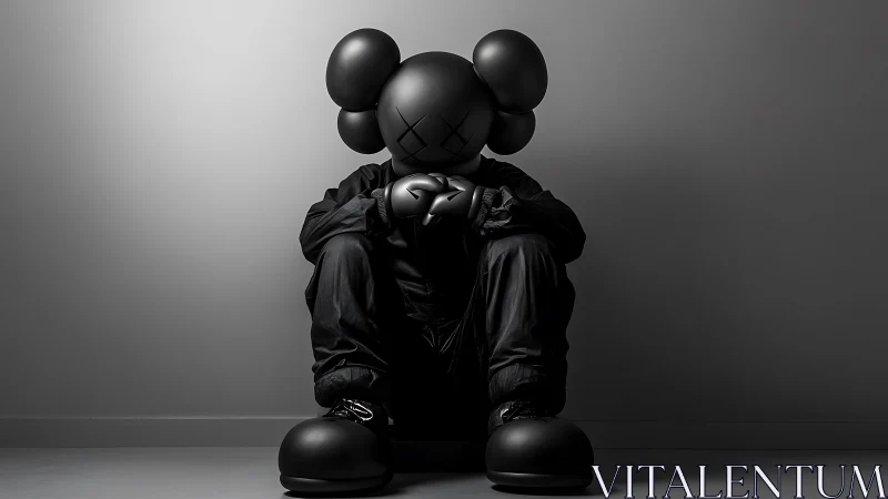Moody monochrome figure resting in oversized cartoon gear.