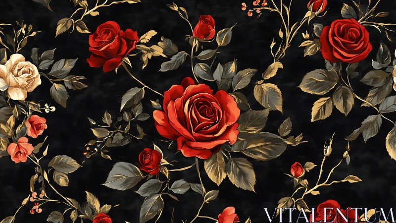 Crimson Roses Dance Across Black Velvet Canvas.