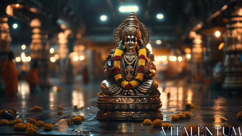 Golden Hindu deity idol glows under warm temple lights