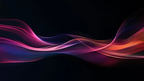 Neon light waves glide across deep black digital void.